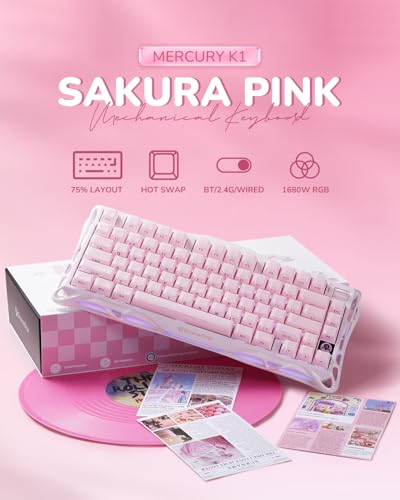 GravaStar Mercury K1 75% Wireless Mechanical Gaming Keyboard RGB Backlit | Gasket Mount, Hot Swappable Linear Switches, Creamy Sound Keyboard, 2.4GHz/USB-C/Bluetooth 5.0, for Win/Mac【Sakura Pink】 - color: Sakura Pink