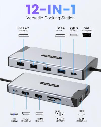 USB C Hub, 12-in-1 Docking Station Dual Monitor with 2 HDMI, VGA, RJ45, 100W PD, USB-C Data,1 USB 3.0, 3 USB 2.0, SD/TF Card Reader, for MacBook/Dell/HP/Lenovo,Silver