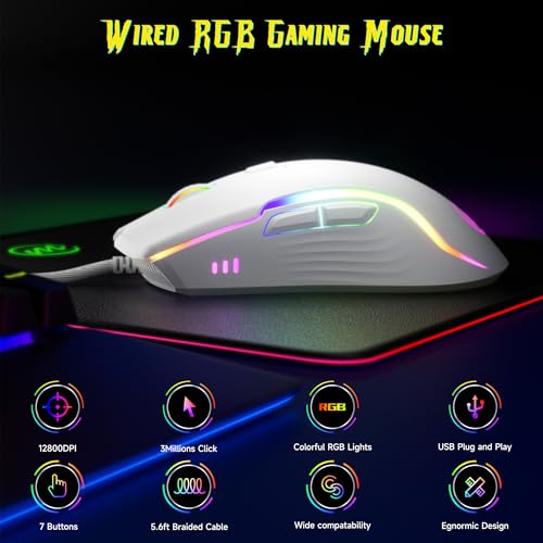 memzuoix Wired Gaming Mouse with RGB - 6 Adjustable DPI up to 12800, 6 Buttons, 12 Lighting Modes, Ergonomic Design with Anti-Slip Rubber Wheel, 5.6ft Braided Cable for PC/Mac/Windows - White - color: White