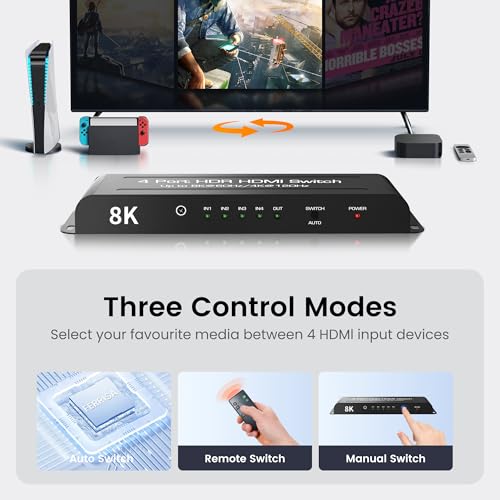 8K HDMI 2.1 Switch 4 in 1 Out, FERRISA 4K@120Hz HDMI Switcher Selector 4 Port with IR Remote Support 8K@60Hz, Auto Switch, HDCP 2.3, HDR 10+, VRR, CEC for Xbox, PS5, Fire Stick, Projector
