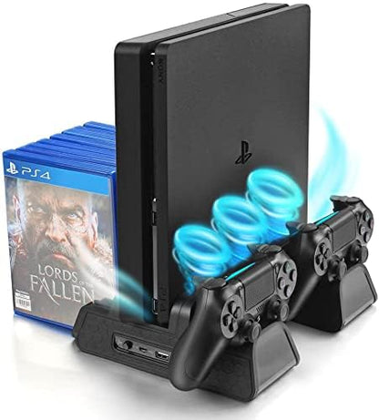 Vertical Stand for PS4/PS4 Slim/PS4 Pro, Black | Cooling Fan, Controller Charging Station, 12pcs Game Storage, PlayStation 4 Charger