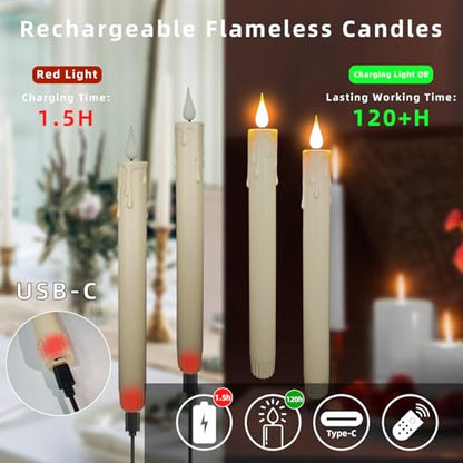 9.9-Inch Rechargeable Flameless Taper Candles, 60+ Hours Runtime, Remote & Timer, Flickering LED, Safe for Home & Events 6-Pack, Ivory, Plastic - color: Taper Candles - Ivory