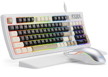 SABLUTE Gaming Keyboard and Mouse, Quiet Membrane with RGB Backlit, White | PC Gaming Keyboard with Multimedia Knob, Anti-Ghosting, Ergonomic Wrist Rest & 3200 DPI Mouse for Gamer/Office - color: White-Black