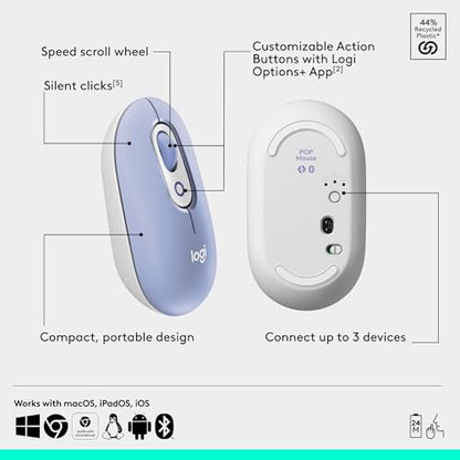 Logitech POP ICON Combo, Wireless Bluetooth Keyboard and Mouse, Comfortable Typing, programmable Keys and Buttons, Quiet clicks, Easy-Switch up to 3 Devices - Lilac - color: Lilac, style: Combo