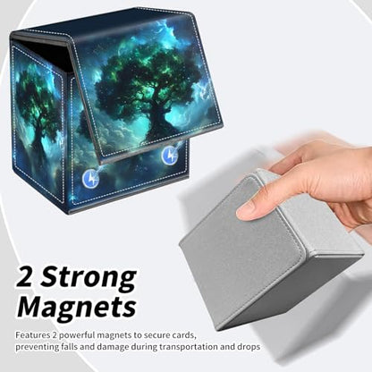 BVDIKMI Card Deck Box for MTG, Card Storage Box Fits 100+ Single Sleeved Cards, PU Leather Strong Magnet Card Deck Case Holder for Magic Commander TCG CCG, Galaxy Tree - color: Galaxy Tree