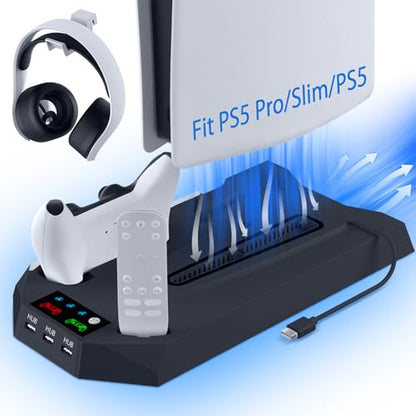 PS 5 Cooling Station, PS 5/Slim/Pro Stand with Dual Charging Station for ps 5, PS 5 Accessories Kits, Vertical Stand with 3 Levels Cooling Fan, Headset Holder for Ps 5 Digital/Disc - color: Black-1