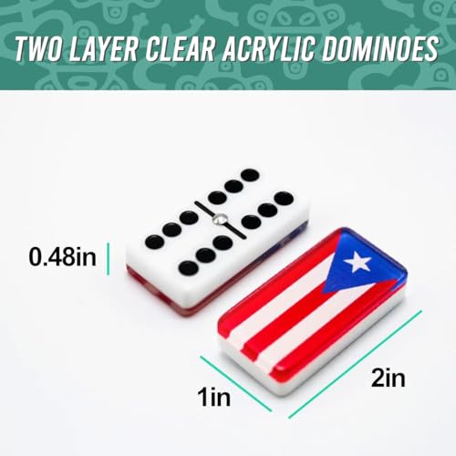 PRK 14 Premium Edition Puerto Rican Dominoes Set Deluxe – Double Six Domino Adult Tiles with Puerto Rico Flag Design – Resin & Clear Top Acrylic – Classic Artisan Wooden Storage Case Included