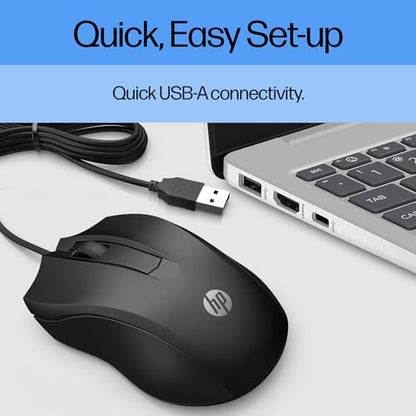 HP Wired Mouse 100 - Precise Optical Sensor with 1600 DPI - Easy USB Connection - Ambidextrous Design - 3 Button Control & Built-in Scrolling - Multi-OS Compatible (6VY96AA#ABL) - style: New