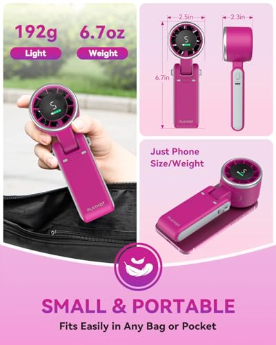 PlayHot Portable Handheld Turbo Fan, Travel Essentials, Gifts for Women/Men | 5-Speed, Up to 12H, 10m/s Airflow, USB-C Rechargeable, LED Display, 3-in-1 Foldable Personal Fan for Cruise, Beach, Vacation - color: Magenta