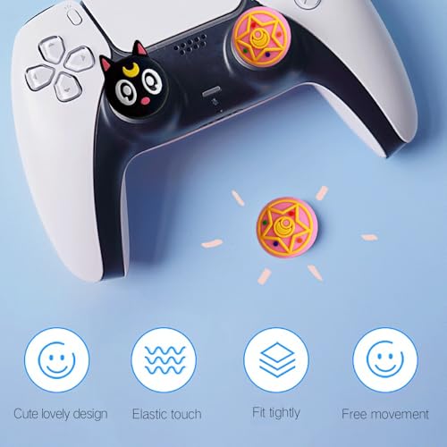 PERFECTSIGHT 4 PCS Cute Thumb Grip Caps for PS5/PS4/Xbox One (Series X, S)/NS Switch Pro Controller, Magic Moon Analog Stick Grips Thumbsticks, Kawaii Silicone Joystick Button Covers (Luna) - color: Black Luna