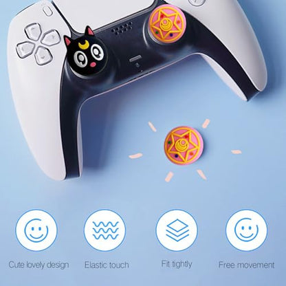 PERFECTSIGHT 4 PCS Cute Thumb Grip Caps for PS5/PS4/Xbox One (Series X, S)/NS Switch Pro Controller, Magic Moon Analog Stick Grips Thumbsticks, Kawaii Silicone Joystick Button Covers (Luna) - color: Black Luna