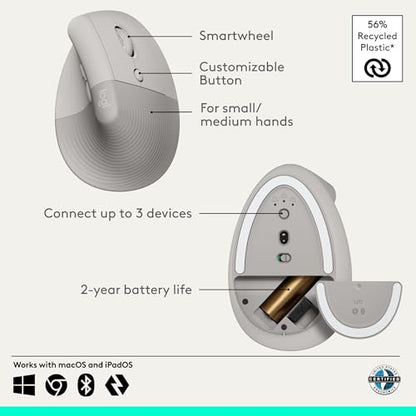 Logitech Lift Vertical Ergonomic Wireless Mouse - Sand | Connect via Bluetooth or included Logi Bolt USB-A receiver, quiet clicks, 4 of 6 buttons customizable, Windows Mac compatible - color: Sand, style: Right-Handed