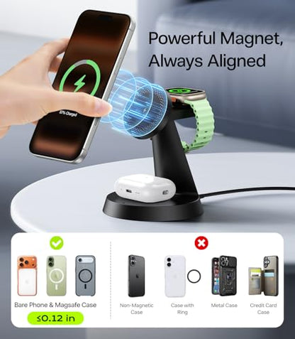 3 in 1 Charging Station for Apple Devices, 15W Fast Wireless Charger Compatible with MagSafe Charging Stand for iPhone 17 16 15 14 13 12 Series, Watch Charger Stand for Apple Watches & Airpods - size: 15W Max for Phone