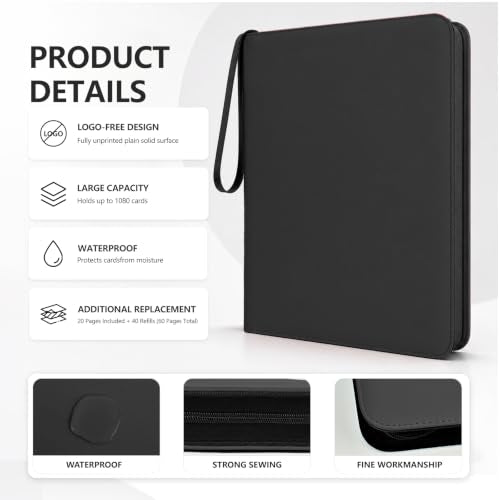 9 Pocket Zip Card Binder, Trading Card Album Holds 1080 Cards, Black | Logo-free design,top-loading pages,removable double-sided pockets,waterproof cover,soft lnner lining. - color: Black, size: 9 Pocket 1080