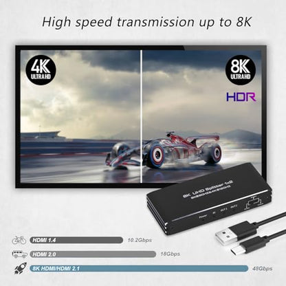 8K@60Hz HDMI Splitter 1 in 2 Out, 1x2 HDMI 2.1 Splitter Support 4K@120Hz, 1080P@240Hz VRR HDCP2.3 HDR HDR10 48Gbps EDID Dolby Atmos 7.1ch - size: 1x2