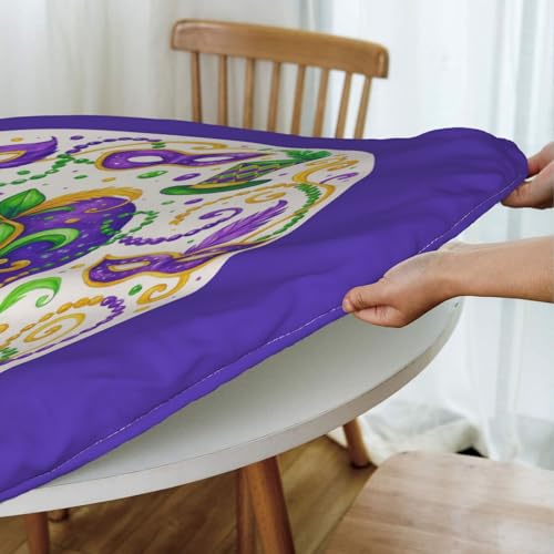 Famame Mardi Gras Carnival Hats Round Fitted Tablecloth with Elastic Protector Table Kitchen Dinner Waterproof Oil-Proof Table Covers Fits 40"-44", Small - color: Mardi Gras Carnival Hats, size: Small (40"-44")