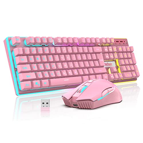 RedThunder K10 Wireless Gaming Keyboard and Mouse Combo, LED Backlit Rechargeable 3800mAh Battery, Mechanical Feel Anti-ghosting Keyboard + 7D 3200DPI Mice for PC Gamer (Pink) - color: Pink