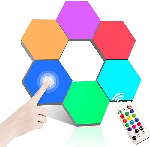 ODISTAR Remote Control Hexagon Wall Light,Smart Wall-Mounted Touch-Sensitive DIY Geometric Modular Assembled RGB led Colorful Light with USB-Power,Used in Bedroom (6-Pack) - color: 6-Pack Remote Control