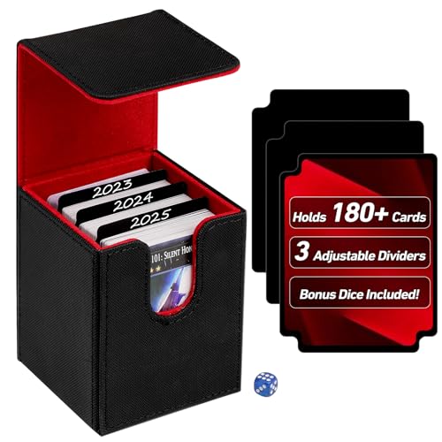 180+ Card Deck Box with 3 Dividers and Game Dice | red, dustproof, waterproof leather holds 180+ sleeved cards 110+ single-sleeved cards, 80+ double-sleeved - color: Red
