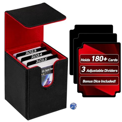 180+ Card Deck Box with 3 Dividers and Game Dice | red, dustproof, waterproof leather holds 180+ sleeved cards 110+ single-sleeved cards, 80+ double-sleeved - color: Red