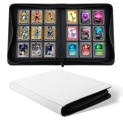 WITHYU Top Loader Binder 9 Pocket, Holds 288 Toploaders for 3" x 4" Cards, Clean PU Leather Ringless Binder with Zipper Protection, Minimalist Gift Option, White - color: White, size: 9 Pocket