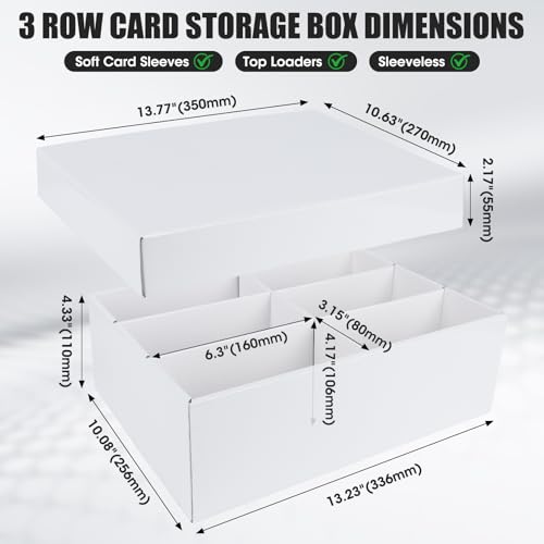 Trading Card Storage Box, 3-Row 3000-Count Card Organizer (4-Pack) | White Corrugated Cardboard Boxes With Dividers, 6-Grid Bulk Card Storage For Baseball/TCG/MTG/Sports/Top Loader Cards