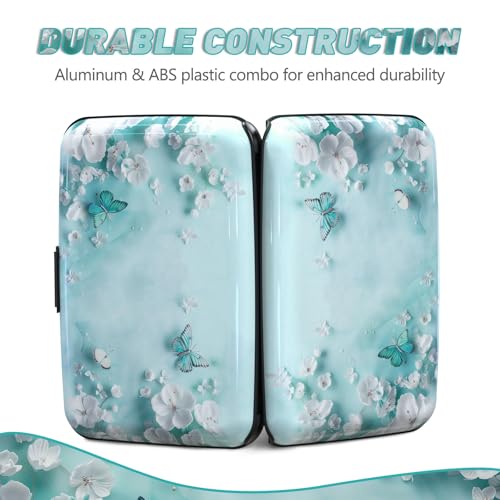 Credit Card Holder, Mini RFID Small Aluminum Card Wallet Business Card Case | Blocking Slim Metal RFID Blocking Front Pocket Wallet Hard Case Durable CC Holder for Women Girls, Green Teal Butterfly - color: Green Teal Butterfly