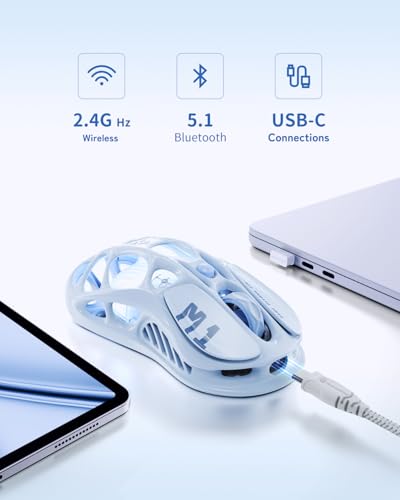 GravaStar Mercury M1 Pro Gaming Mouse, 78g Lightweight Magnesium Alloy, 26,000 DPI, PAW3395DM Sensor, 5 Programmable Buttons, Support Wired/2.4GHz/BT, Up to 200 Hours Battery Life - color: Ice Blue