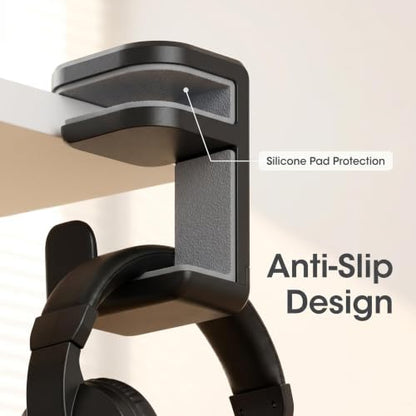 1 pcs Adjustable Headset Hook, Desk Mount Hanger with 360 Degree Swivel Arm and Cable Organizer, Under Desk Earphone Rack for Gaming Workspace, Black