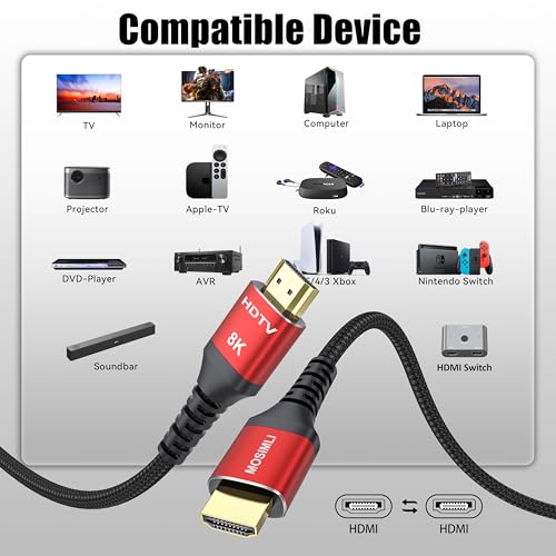 8K HDMI Cable 6FT, High Speed 48Gbps HDMI 2.1 Cord, Support 8K@60Hz & 4K@120Hz, HDR10+, VRR, ALLM, eARC, Dolby Atmos, DTS:X, SBTM, HDCP 2.3 for TV, Monitor, Roku, PS5/4, Xbox(Red, easy identification) - size: 6FT