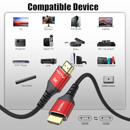 8K HDMI Cable 6FT, Braided HDMI 2.1 Cable, High Speed 48Gbps | Red easy identification, Support 8K@60Hz & 4K@120Hz, HDR10+, eARC, Dolby Atmos, HDCP 2.3 for TV, Monitor, Roku, PS5/4 - size: 6FT