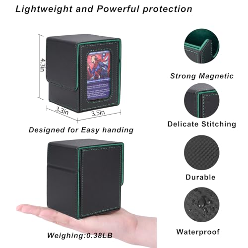 AFIING MTG Deck Box for Commander Display,Card Deck case Fits 100 Double Sleeved Cards,Magic Commander TCG Card Storage Box with 2 Dividers,Dice Bag and Toploader Black Green - color: Commander Black Green