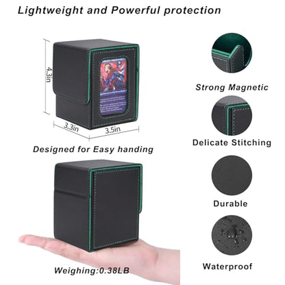 AFIING MTG Deck Box for Commander Display,Card Deck case Fits 100 Double Sleeved Cards,Magic Commander TCG Card Storage Box with 2 Dividers,Dice Bag and Toploader Black Green - color: Commander Black Green