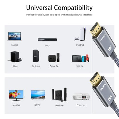 16K HDMI 2.2 Cable 10ft, 96Gbps High Speed, 16K@60Hz 8K@120Hz 4K@480Hz HDMI Cord with eARC, HDCP 2.2&2.3,HDR10, eARC, VRR & ALLM, Braided HDMI for PS5, Xbox Series X, Gaming PC, TV, Monitor, Projector - size: 10 FT