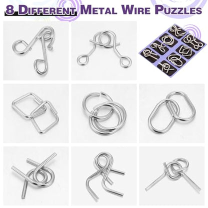 Metal Wire Puzzle Set of 8 with Pouch, Brain Teaser Puzzles IQ Test Ring Disentanglement Unlock Interlock Game Trick Metal for Party Favor Challenge(D Style) - style: D Style