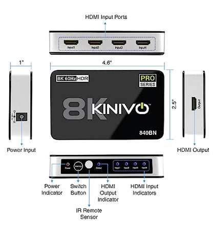 Kinivo 8K HDMI Switch (8K 60Hz, 4 in 1 Out, 48Gbps HDMI 2.1 Hub, Ultra HD Switcher, HDR10+, Dolby Atmos) - Compatible with HDTV, Nintendo Switch 2, PS5, Xbox, Apple TV - size: 8K - 4 Port