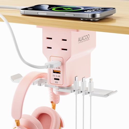 Multi-Function Desk Headphone Hanger Hook Gaming Office | 2 USB, 1 Type-C, 2 AC Outlets Desk Hook Holds Headsets & Purses, Practical Accessory for Gaming, Office, Home and Great Gift - color: Pink
