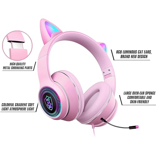 Cat Ear Gaming Headphones Wired AUX 3.5mm with LED Light, VIGROS Flashing Stereo Game Headphones Surround Sound Over-Ear Headsets with Microphone Fit Kids & Adult for PC, PS4, Switch, Mobile, Laptop - color: Pink