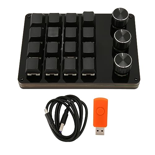 One Handed Macro Programmable Keypad, USB Mini 16 Keys 3 Knobs Hotswap Mechanical Gaming Keyboard with Blue Switch, for Gaming, Office