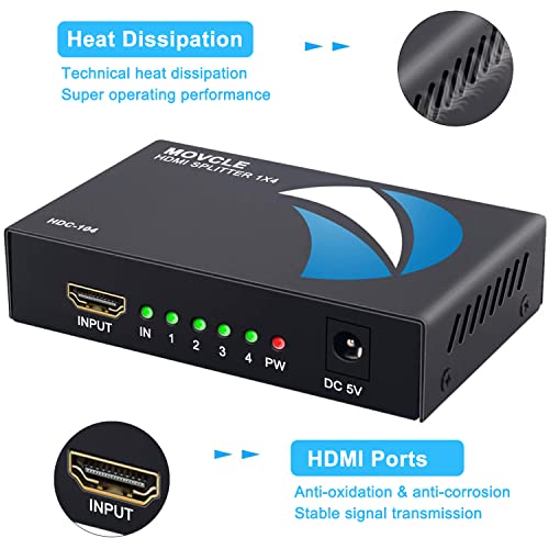 HDMI Splitter 1 in 4 out Full Ultra HD 1080P 4K/2K 1X4 Port Box Hub with US Adapter v1.4 Powered Certified for 3D Support | Powered HDMI Splitter, Plug & Play 4K HDMI splitter' 4-Way Output Compatible for Laptop, TV, PS5/4, Blu-ray - size: 1 in 4 out