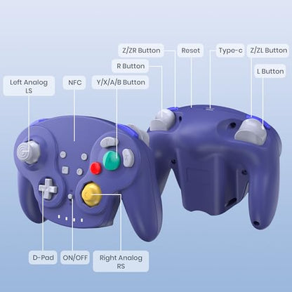 2 Pack Wireless GameCube Style Controller for Switch 1 & 2 / Lite / Switch Online, NGC Style Pro Controller Compatible with Windows PC, macOS - (Rechargeable) (Built-in Rumble) (NFC)- Indigo/Black - color: Two Pack BT Version Indigo/Black