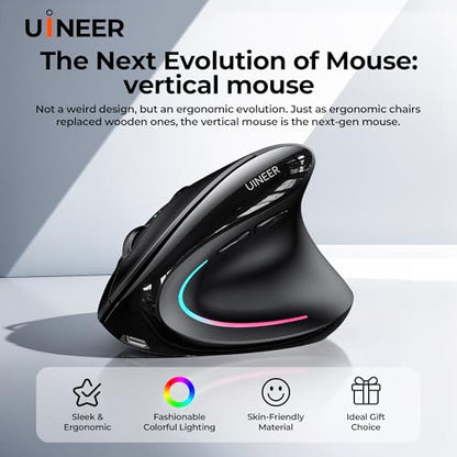Uineer Vertical Ergonomic Mouse, Wireless Bluetooth Mouse, 3-Device | Switch among 3 devices via dual Bluetooth and 2.4G; rechargeable with 7-color ambient lighting.