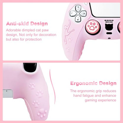Pink Cat Ear PS5 Controller Cover - Cute Silicone Skin with Cat & Paw Prints + 2 Matching Cat Paw Thumbstick Caps | Kawaii Non-Slip Grip for PlayStation 5 Controller - color: Light Pink