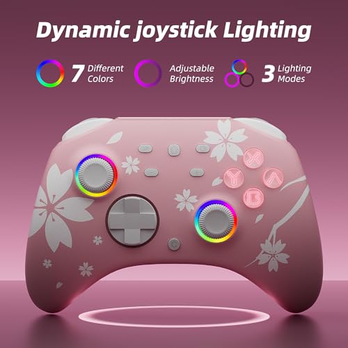 Mytrix Wireless Controllers for Switch/Switch 2, Windows PC iOS Android Steam/Steam Deck, Sakura Pink Bluetooth Controller with Programmable, Hall Effect Joysticks, Adjustable LED Light/Turbo/Vibration - color: Sakura Pink