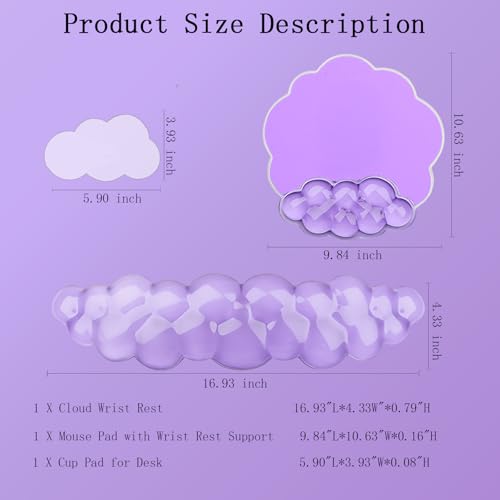 Gel Cloud Wrist Rest Keyboard Clear Purple Mouse Pad with Wrist Rest Set 3PCS Ergonomic Cool Keyboard Wrist Pad Cute Acrylic Coaster Non-Slip Base Cute Transparent Mouse Wrist Pad Support for Computer - color: 3pcs Gel Purple
