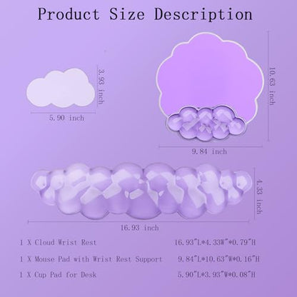 Gel Cloud Wrist Rest Keyboard Clear Purple Mouse Pad with Wrist Rest Set 3PCS Ergonomic Cool Keyboard Wrist Pad Cute Acrylic Coaster Non-Slip Base Cute Transparent Mouse Wrist Pad Support for Computer - color: 3pcs Gel Purple
