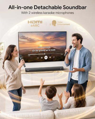 Suntrok Soundbar for TV, 2.0CH Home Theater Bluetooth 5.3 Speaker System with 2 Wireless Karaoke Mics, Surround Sound Audio with HDMI ARC/Optical/AUX/USB, for Movie/Music/News Family Party