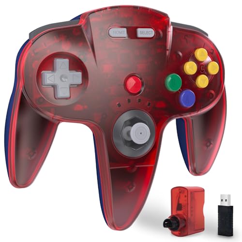 KIWITATA N64 Wireless Controller for Switch Games, 2.4GHZ Rechargeable N64 Remote Joystick Wireless Gamepad Controller Compatible with N64 System, Raspberry Pi, MAC,PC Windows 7,8,10,11 Clear Red - color: Clear red