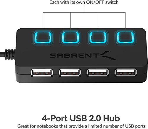 SABRENT 4 Port USB 2.0 Data Hub with Individual LED lit Power Switches [Charging NOT Supported] for Mac & PC (HB-UMLS) - size: USB-A 4-Port