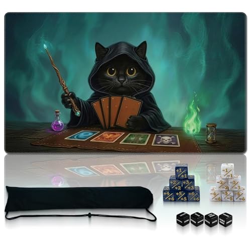 Ultimate TCG Battle Set: 24"x14" Stitched Fantasy Playmat, 16 Dice & Carry Bag – Non-Slip 2mm Rubber Card Game Mat for Trading Card Games (Cat Duelist, Classic Series) - color: Cat Duelist, size: CLASSIC SERIES
